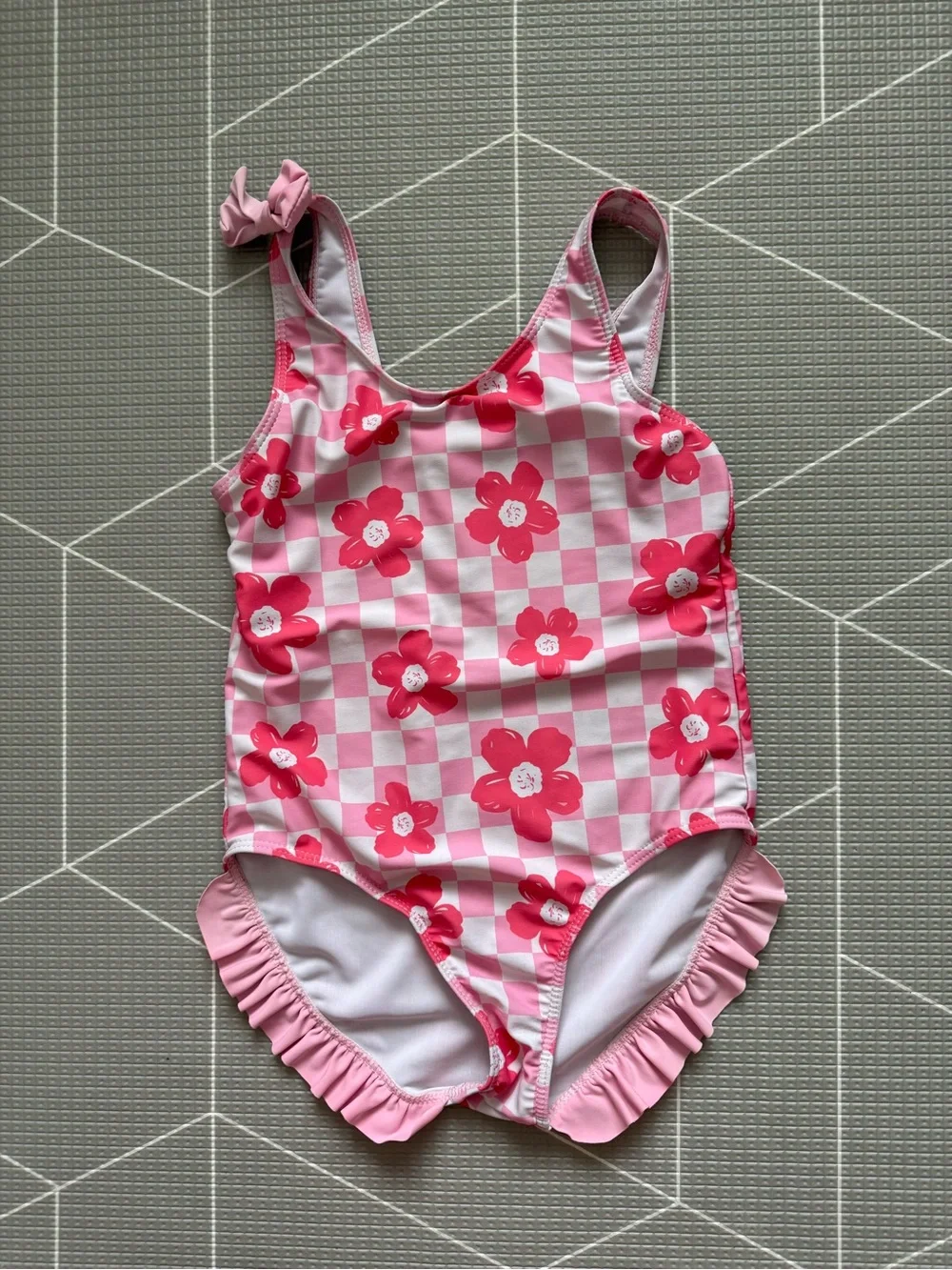 Small shop|Big girl swimsuit,Pink Floral Checkerboard One-Piece Swimsuit,boho•7 - Picture 3 of 7